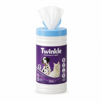 Twinkle Kedi & Köpek İçin Hijyenik Premium Islak Mendil 50 Adet Silindir Kutu - Doğal, Vegan İçerik